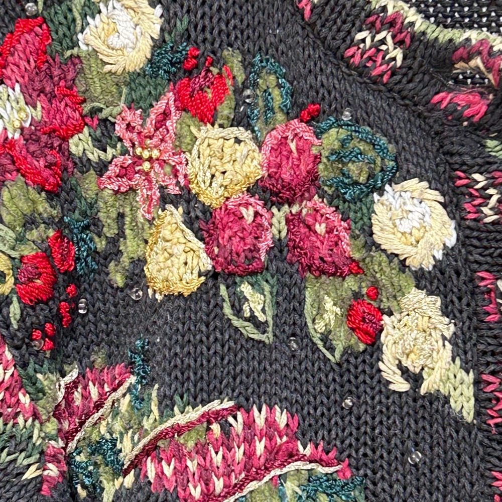 Stitches In Time Vintage Christmas Cardigan Black Floral Tree Beaded Mens M - Picture 5 of 11